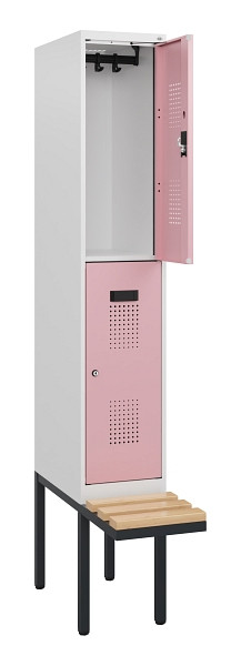 C+P Doppelstock-Spind Evolo PLUS, Bank, 2 Fächer, 1950x300x815mm, 9016/3015, Zylinderschloss, Sitzfläche Buche-Hartholz, 0493405-10 S10047