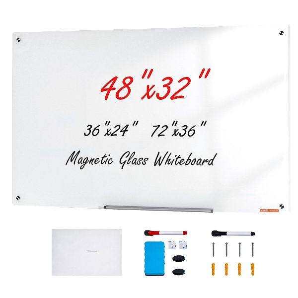 VEVOR Magnetisches Glas-Whiteboard, 120 x 80 cm, ohne Rahmen, mit Stiftablage, einem Radiergummi & 2 Stiften, Weiß, CXGCBLBGHBL4O9WH5V0