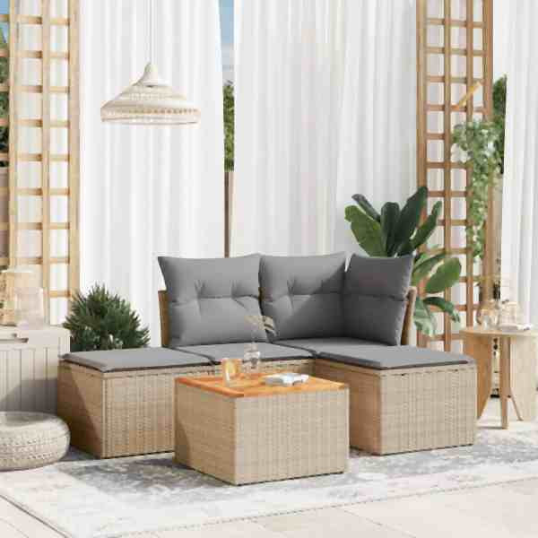 vidaXL 5-tlg. Garten-Sofagarnitur mit Kissen Beige Poly Rattan, UV-beständig, 3223588