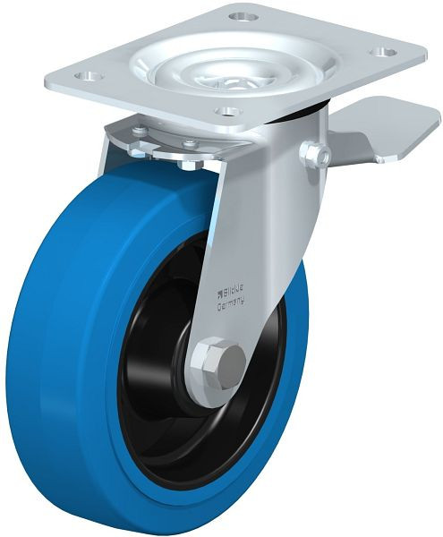 Blickle LE-POEV 160R-ST-SB Stahlblech-Lenkrolle mit Anschraubplatte & Feststeller, Elastik-Vollgummi, Blau, 749631