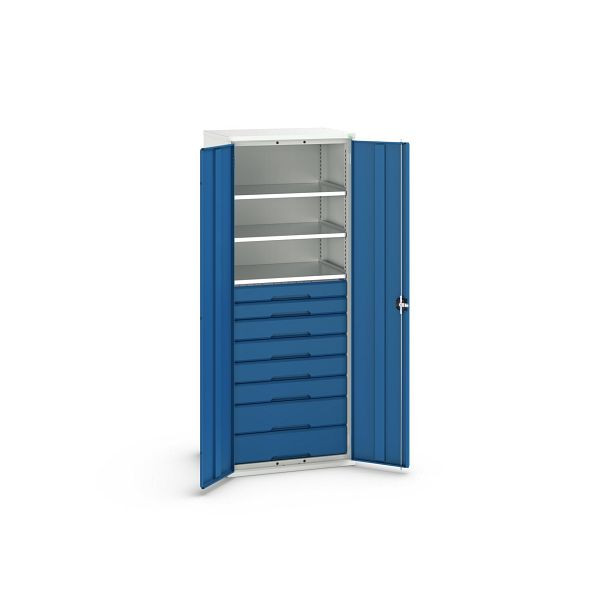 bott verso Flügeltürschrank mit Schubladen, mit 3 Fachböden und 8 Schubladen, BxTxH: 800 x 550 x 2000 mm, Lichtgrau / Enzianblau, 16926458.11