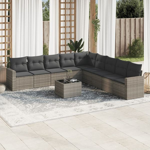 vidaXL 10-teilig Garten-Sofagarnitur mit Kissen Grau Poly Rattan, 3251437