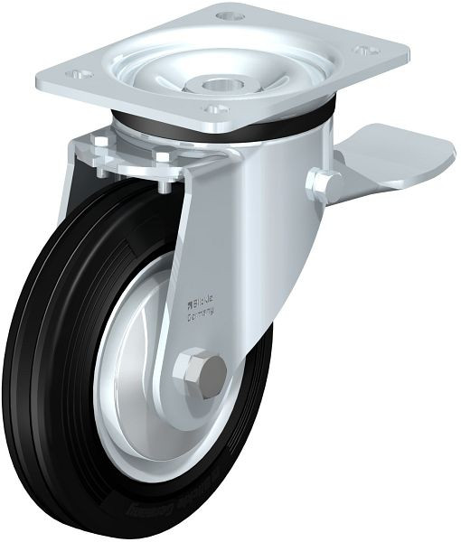 Blickle LK-RD 162R-ST-FA Stahlblech-Lenkrolle, schwere Ausführung, mit Anschraubplatte & Feststeller, Zweikomponenten-Vollgummi, Schwarz, 37739