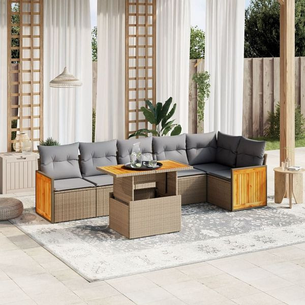 vidaXL 7-teilig Garten-Sofagarnitur mit Kissen Beige Poly Rattan, 3273971