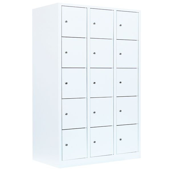 Lüllmann Schließfachschrank, 3 Abteile, 15 Fächer, 1800 x 1185 x 500 mm, signalweiß, 523537