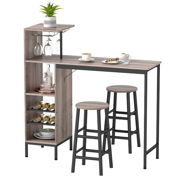 HOMCOM 3-tlg. Bartisch-Set mit Stauraum, Weinregalen, Glashaltern, Hockern mit Fußstütze, für kleine Räume, Grau, 83A-339V00GY