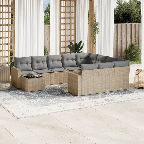 vidaXL 11-teilig Garten-Sofagarnitur mit Kissen Beige Poly Rattan, 3219519