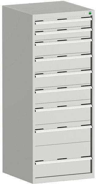 bott cubio Schubladenschrank bestückt mit 9 Schubladen BxTxH: 650 x 650 x 1600 mm, RAL 7035, 40019154.16V