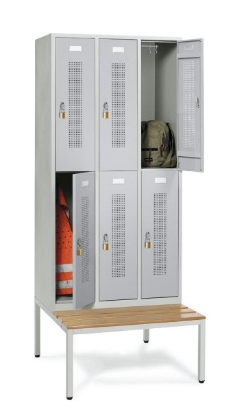 Deskin Doppelstöckiger Spind mit Sitzbank, Alusilber RAL 9006, 870 x 800 x 2050 mm, 6 Abteile, Korpus: Lichtgrau RAL 7035, 331506