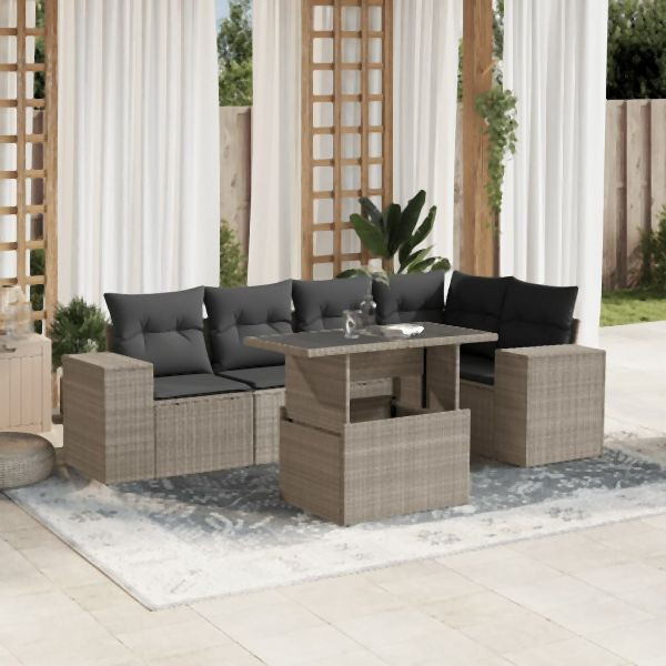 vidaXL 6-tlg. Garten-Sofagarnitur mit Kissen Hellgrau Poly Rattan, 3269152