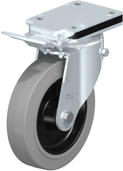 Blickle LH-POEV 200XR-IS-SG Stahlblech-Lenkrolle, Schwerlast-Ausführung, mit Anschraubplatte & Feststeller, Elastik-Vollgummi, Grau, 851872