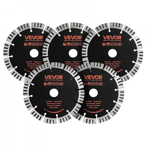 VEVOR 5 Stk. Diamanttrennscheiben 160mm, 22,2mm Bohrung, 15mm Segment, 7000 U/min für Trocken/Nass Beton/Stein Schneiden, HNTJDP160MM0CNCGN001V0