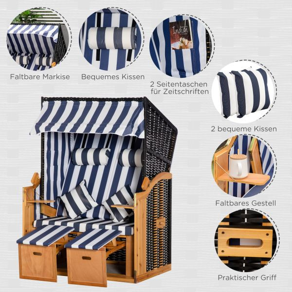 Outsunny Strandkorb Doppelte Sonnenliege mit Dach, mit Getränkehaltern Chaiselongue 5-stufige Rückenlehne PE-Rattan Blau+Weiß 118 x 79 x 150 cm, 867-059BU
