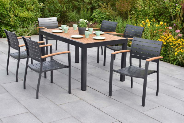 Merxx Astros Set 7-teilig, 6 Astros Stapelsessel, 1 Tisch 150 x 90 cm, Tisch aus Kunststoff in Holzoptik, Aluminiumgestellt mit Kunststoff, 50192-217