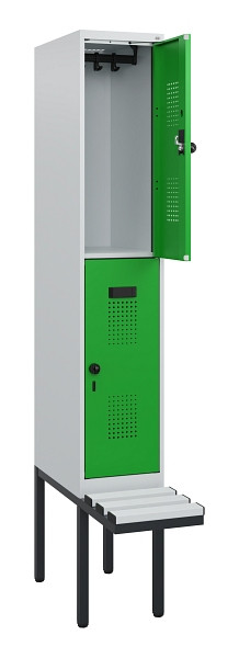 C+P Doppelstock-Spind Evolo PLUS, Bank, 2 Fächer, 1950x300x815mm, 7035/6037, Drehriegel, Sitzfläche Kunststoff, 0493405-10 S10102