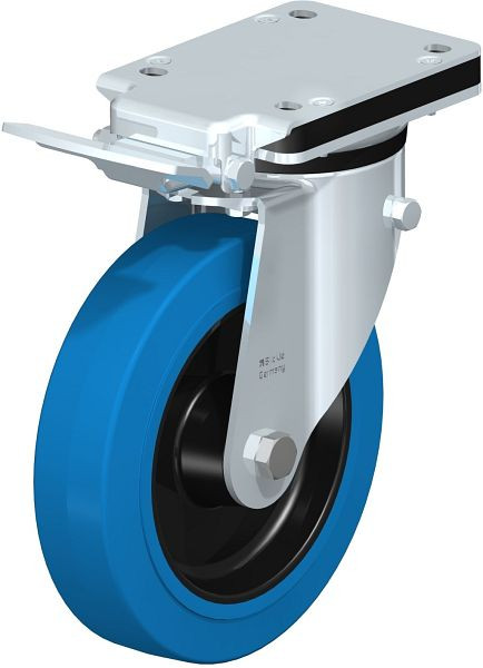 Blickle LK-POEV 200R-IS-SB Stahlblech-Lenkrolle, mittelschwere Ausführung, mit Anschraubplatte & Feststeller, Elastik-Vollgummi, Blau, 750402