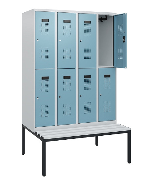 C+P Doppelstöckiger Spind Evolo PLUS, Bank, 8 Fächer, 1950x1200x815mm, 7035/0010, Zylinderschloss, Sitzfläche Kunststoff, Sitzbank, 0493505-40 S10144