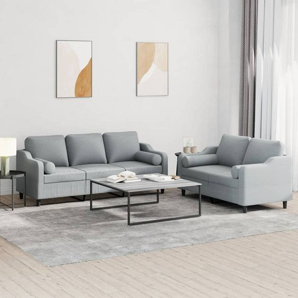 vidaXL 2-teilig Sofagarnitur mit Kissen Hellgrau Stoff, 3201850
