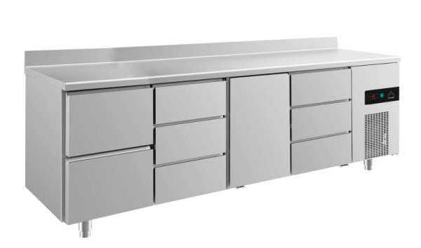 A&S Polarny Kühltisch -2 bis +8°C mit Tür mittig-rechts, zwei Schubladen links und 2x drei Schubladen, 2330 x 700 x 850 mm, mit Aufkantung, KT4ZDTDA