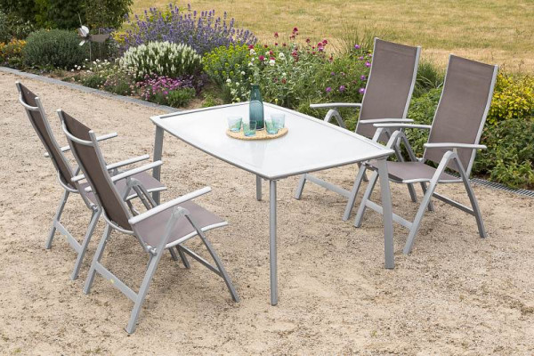 Merxx Carrara Set 4-teilig, 4 Klappsessel, Rückenlehne 5-fach verstellbar, 1 Tisch 150 x 90 cm, matte Glasplatte, silber/taupe, 50319-325