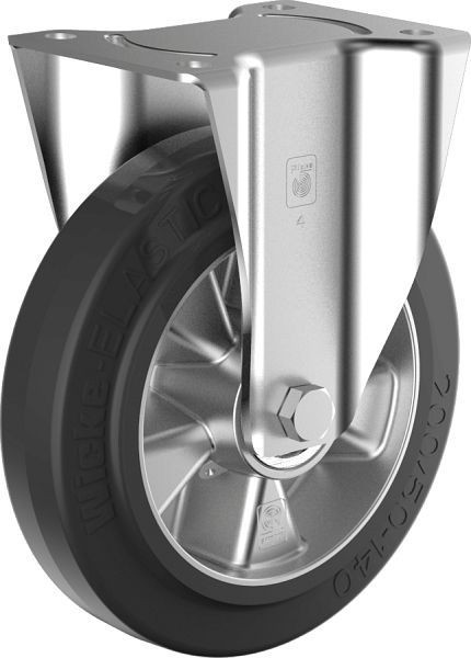 Wicke Schwerlast-Bockrolle mit schwarzem Wicke-ELASTIC® Reifen auf hochwertiger Druckgussaluminiumfelge, DE B 4/200/50K, 150105