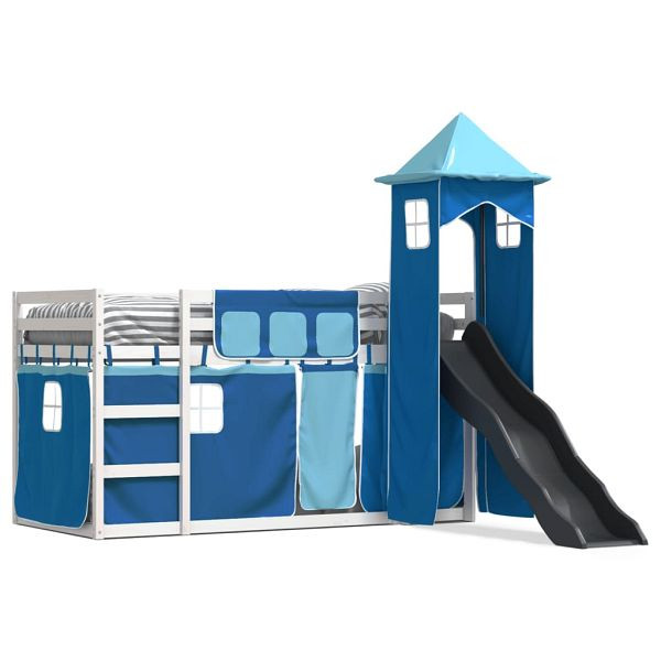 vidaXL Etagenbett mit Rutsche und Gardinen Blau 90x190 cm, 3284210