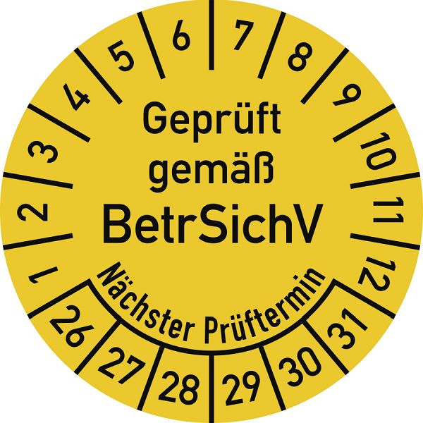 Moedel Prüfplakette Geprüft gemäß BetrSichV...2026 - 2031, Folie, Ø 30 mm, VE: 10 Stück/Bogen, 107211