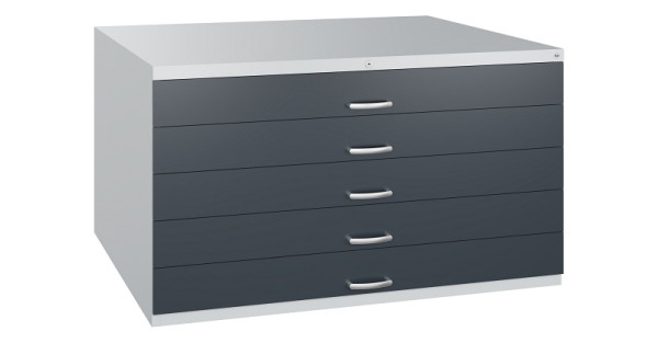 C+P Flachablageschrank Serie 7100_7200, H760xB1350xT960mm, 7035/7016, 5 Schubladenblenden doppelwandig, 7201-100 S10343