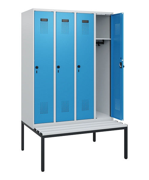 C+P Spind Evolo PLUS, 4 Abteile, 1950x1200x815mm, 7035/5012, Drehriegel, Sitzfläche Kunststoff, Sitzbank, 0490505-40 S10061