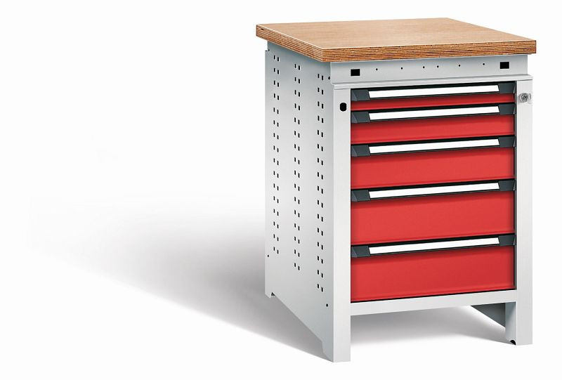 Otto Kind Werkbank Serie function Typ 109, Multiplexplatte, bündig, 5 Schubladen, mit Zentralverschluss, Gehäuse RAL 7035, Front RAL 3000, 072326134