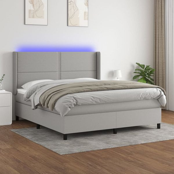 vidaXL Boxspringbett mit Matratze & LED Hellgrau 180x200 cm Stoff, 3138253