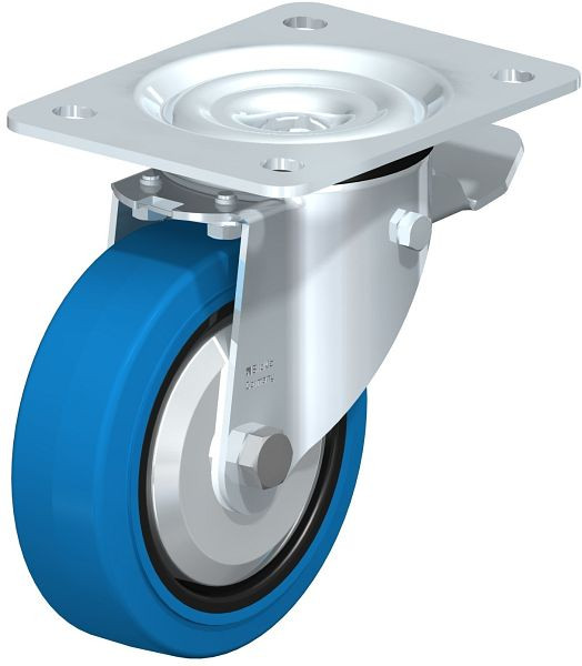 Blickle LK-POEV 125XR-3-ST-SB-FA Stahlblech-Lenkrolle, schwere Ausführung, mit Anschraubplatte & Feststeller, Elastik-Vollgummi, Blau, 851122