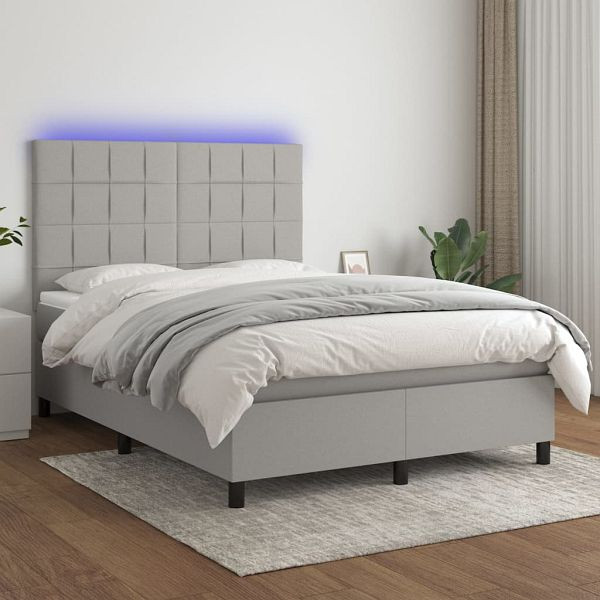 vidaXL Boxspringbett mit Matratze & LED Hellgrau 140x200 cm Stoff, 3134877