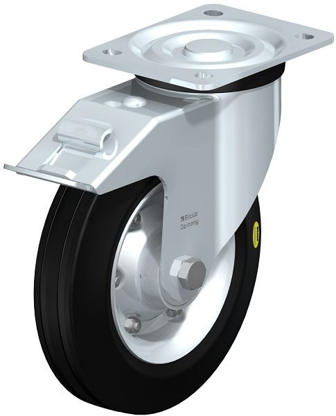 Blickle L-RD 200K-FI Stahlblech-Lenkrolle, mittelschwere Ausführung, mit Anschraubplatte & Feststeller, Zweikomponenten-Vollgummi, Schwarz, 78543