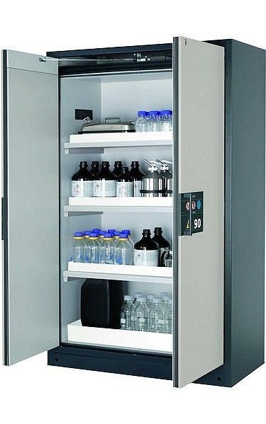 asecos Sicherheitsschrank Q-PEGASUS-90, Q90.195.120.WDAC in lichtgrau RAL 7035 mit 3x Wannenboden Standard (Polypropylen), 30002-041-30013