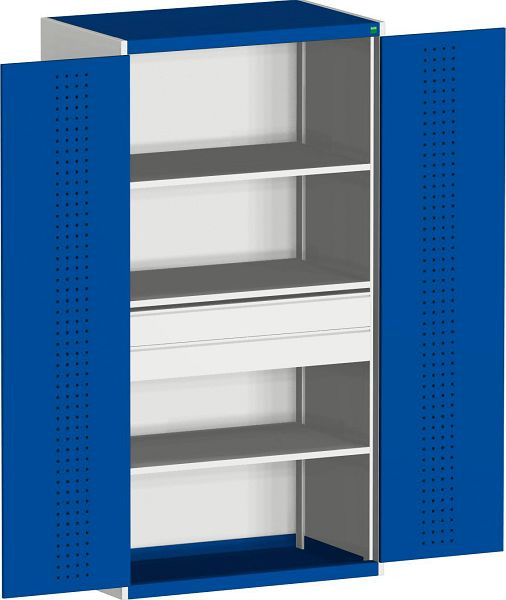 bott cubio Flügeltürschrank bestückt mit 2 Schubladen, 3 Fachböden BxTxH: 1300 x 650 x 2000 mm, RAL 7035/5010, 40022139.11V