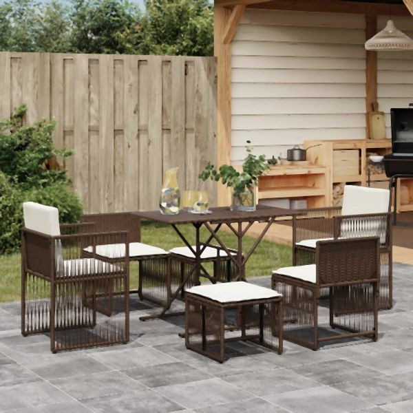 vidaXL 7-tlg. Garten-Essgruppe mit Kissen Braun Poly Rattan, 369010