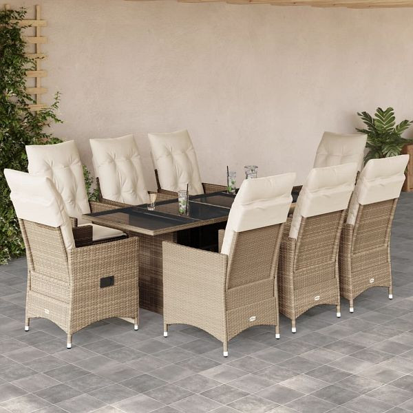 vidaXL 9-teilig Garten-Essgruppe mit Kissen Beige Poly Rattan, 3276810
