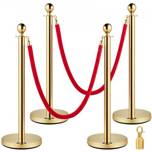 VEVOR Edelstahl Absperrpfosten Seil Abgrenzungsständer Kugelkopf 2 Rote Samtseile Goldene Säule 4 Packung Crowd Control Barriers, GLZJS1.5M2GHRS4JTV0