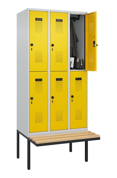 C+P Doppelstock-Spind Evolo PLUS, Bank, 6 Fächer, 2120x900x815mm, 7035/1023, Drehriegel, Sitzfläche Buche-Hartholz, 0493407-30 S10001