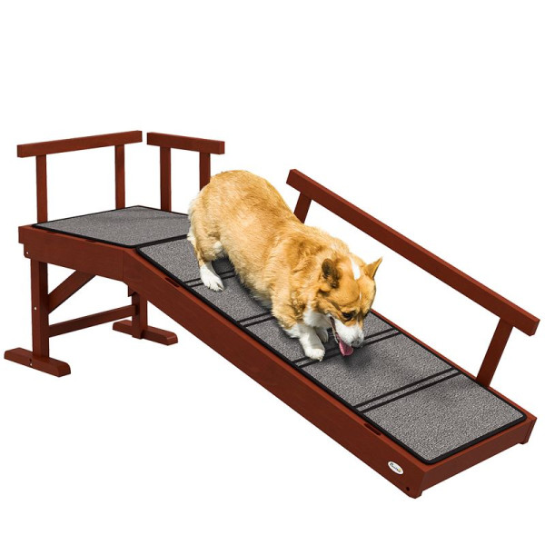 PawHut Hunderampe, abnehmbare Geländer, rutschfest, Holz, bis 30 kg, 125x40x56cm, Braun/Grau, D06-224V00BN