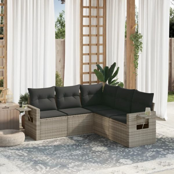 vidaXL 5-tlg. Garten-Sofagarnitur mit Kissen Hellgrau Poly Rattan, 3220151