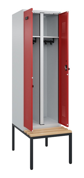 C+P Schwarz-Weiß-Spind Evolo PLUS, Bank, 2 Abteile, 2120x600x815mm, 7035/3000, Drehriegel, Sitzfläche Buche-Hartholz, Sitzbank, 0490527-20 S10003