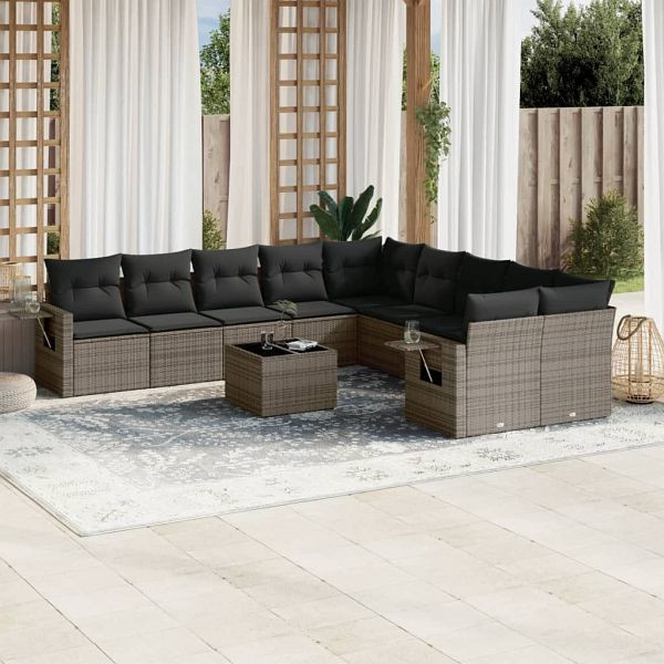 vidaXL 11-teilig Garten-Sofagarnitur mit Kissen Grau Poly Rattan, 3253057
