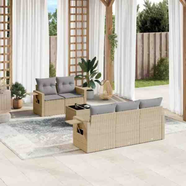vidaXL 6-tlg. Garten-Sofagarnitur mit Kissen Beige Poly Rattan, UV-beständig, 3252236