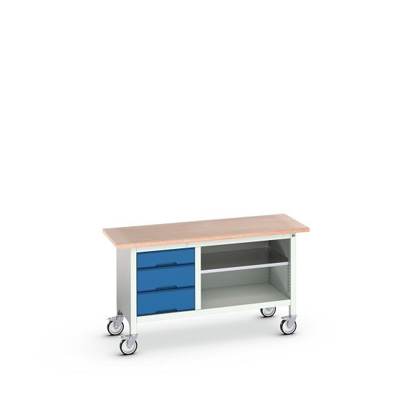 bott verso mobile Kastenwerkbank mit Schubladenschrank mit 3 Schubladen / offenem Schrank, BxTxH: 1500x600x830mm, Lichtgrau / Enzianblau, 16923212.11