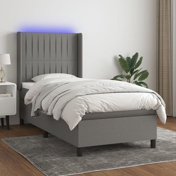 vidaXL Boxspringbett mit Matratze & LED Dunkelgrau 90x200 cm Stoff, 3138446