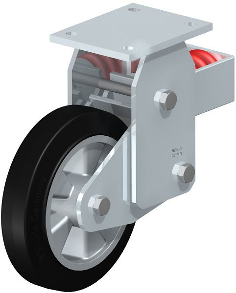 Blickle BHF-ALEV 200K Stahlblech-Bockrolle, Schwerlast-Ausführung, mit Stahlfeder, Elastik-Vollgummi, Schwarz, 472555