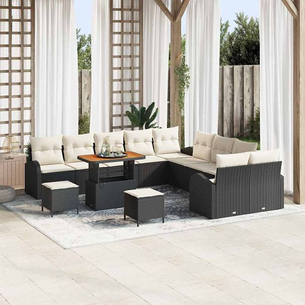 vidaXL Garten-Sofa-Set mit Kissen 13-teilig Schwarz Poly-Rattan, 3362455