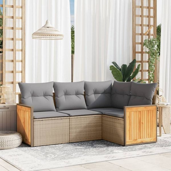 vidaXL 4-teilig Garten-Sofagarnitur mit Kissen Beige Poly Rattan, 3227613